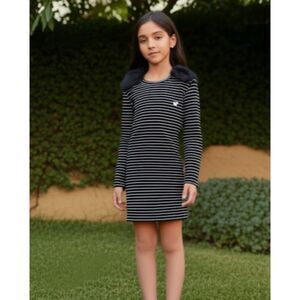 NWT IKKS Kids Black and White Striped Long Sleeve Dress Sz 8-10 Faux Fur Detail